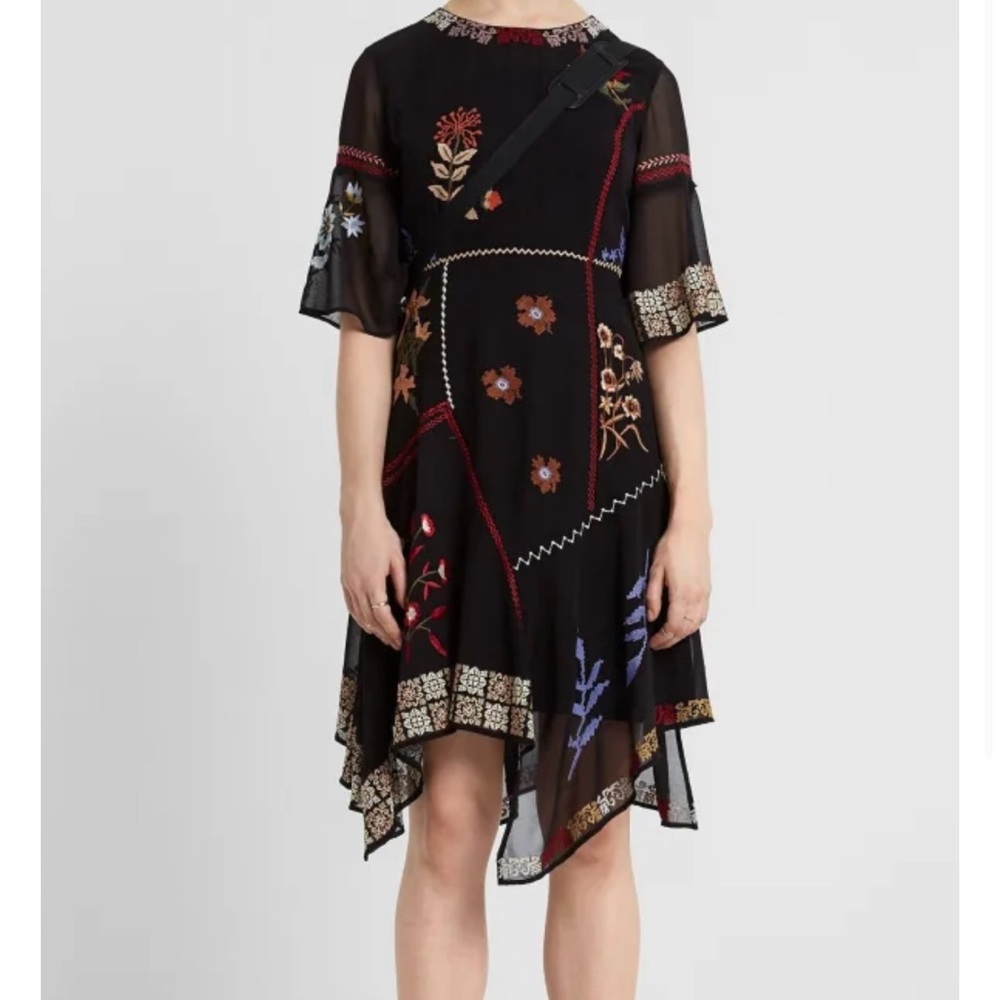 Desigual Lemark Boho Asymmetrical‎ Cross-stitch  Dress Size EU 42=8 Black Floral